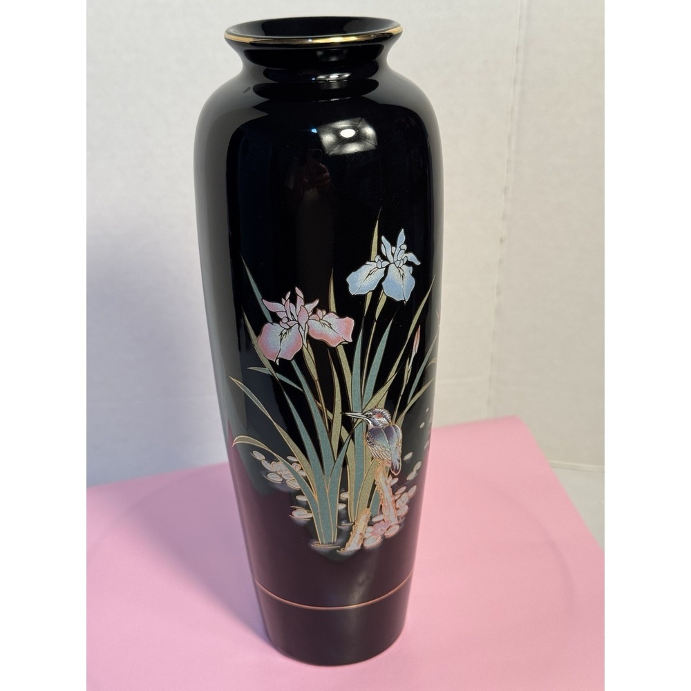 VTG Japanese  Vase Iris and Kingfisher Motif.  Black Enamel Fast Shipping